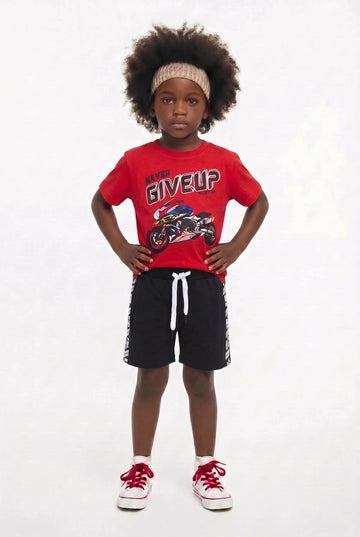 Boys red motorbike t-shirt and black shorts set