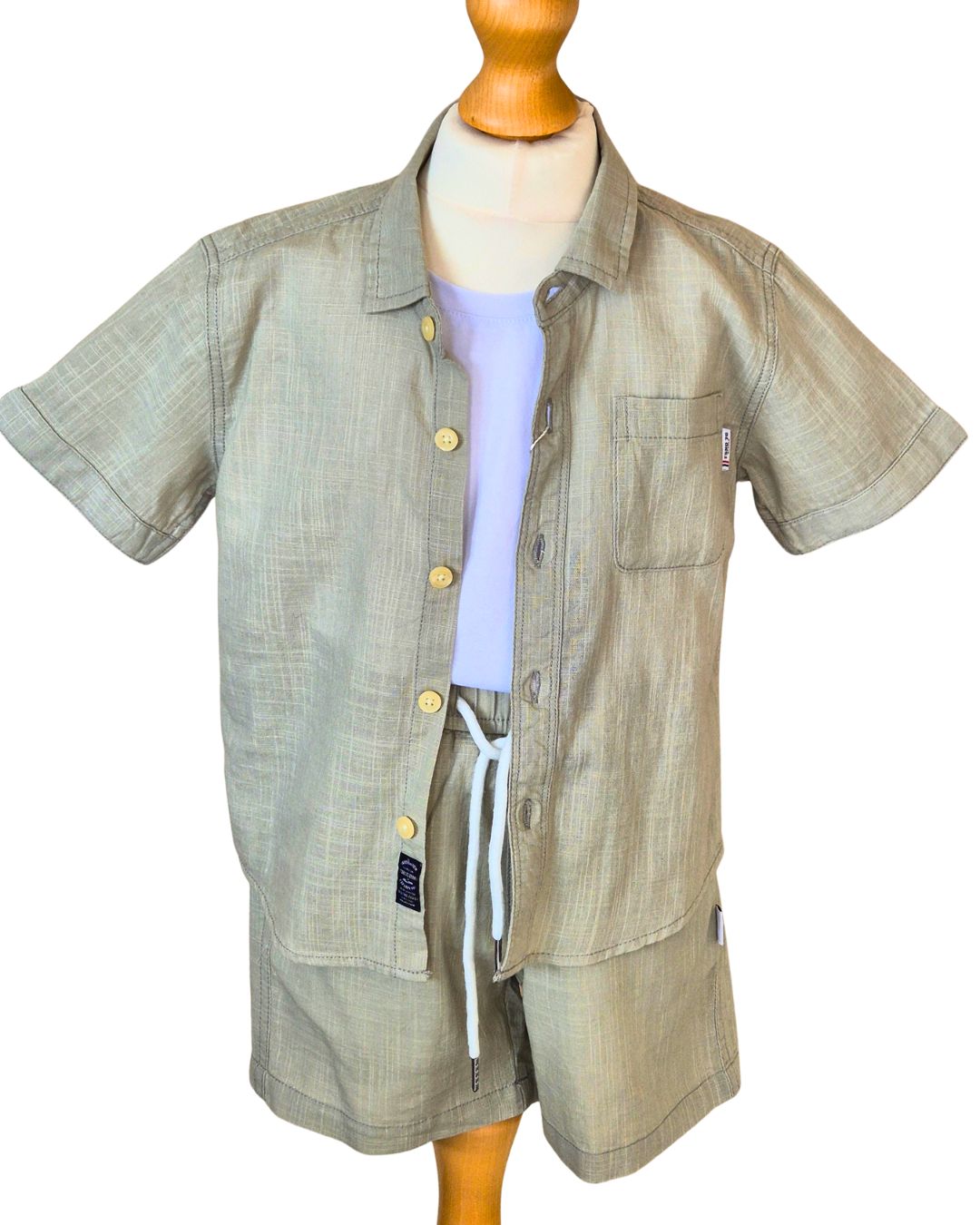 Boys khaki linen shorts and shirt set