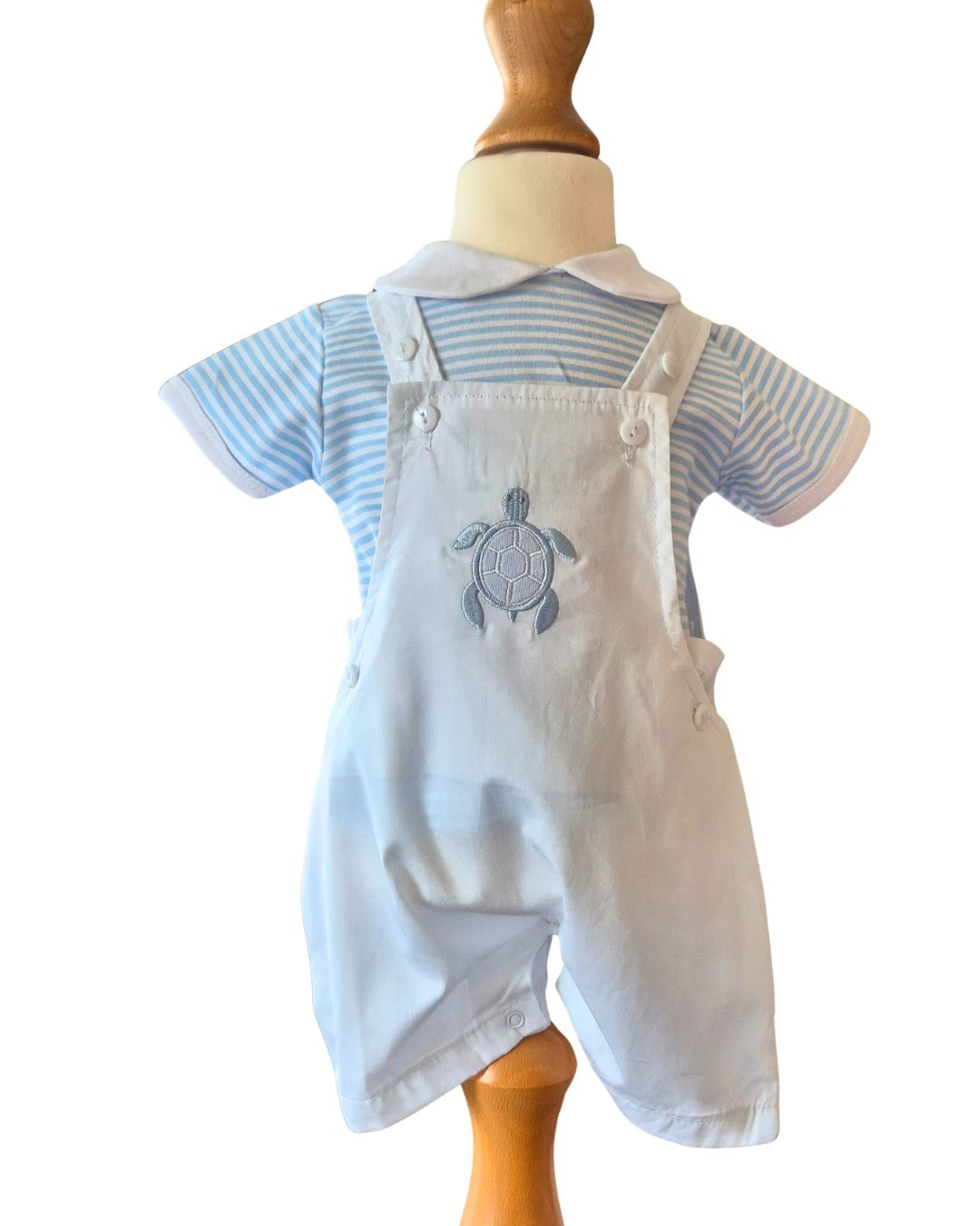 Baby boy white dungarees with embroidered turtle