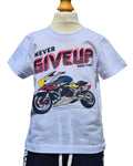 Boys graphic motorbike t-shirt with navy shorts