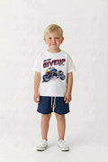Boys white motorbike t-shirt and navy shorts set
