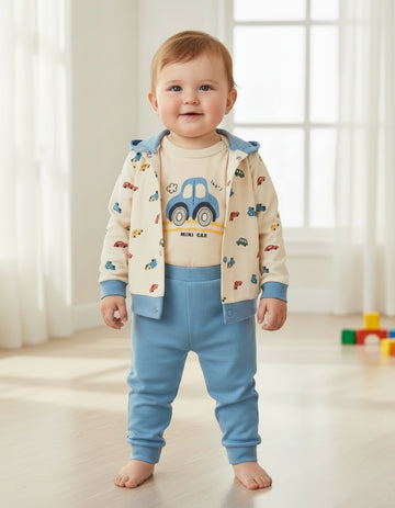 Baby boys blue cars outfit with blue trousers and hooded top