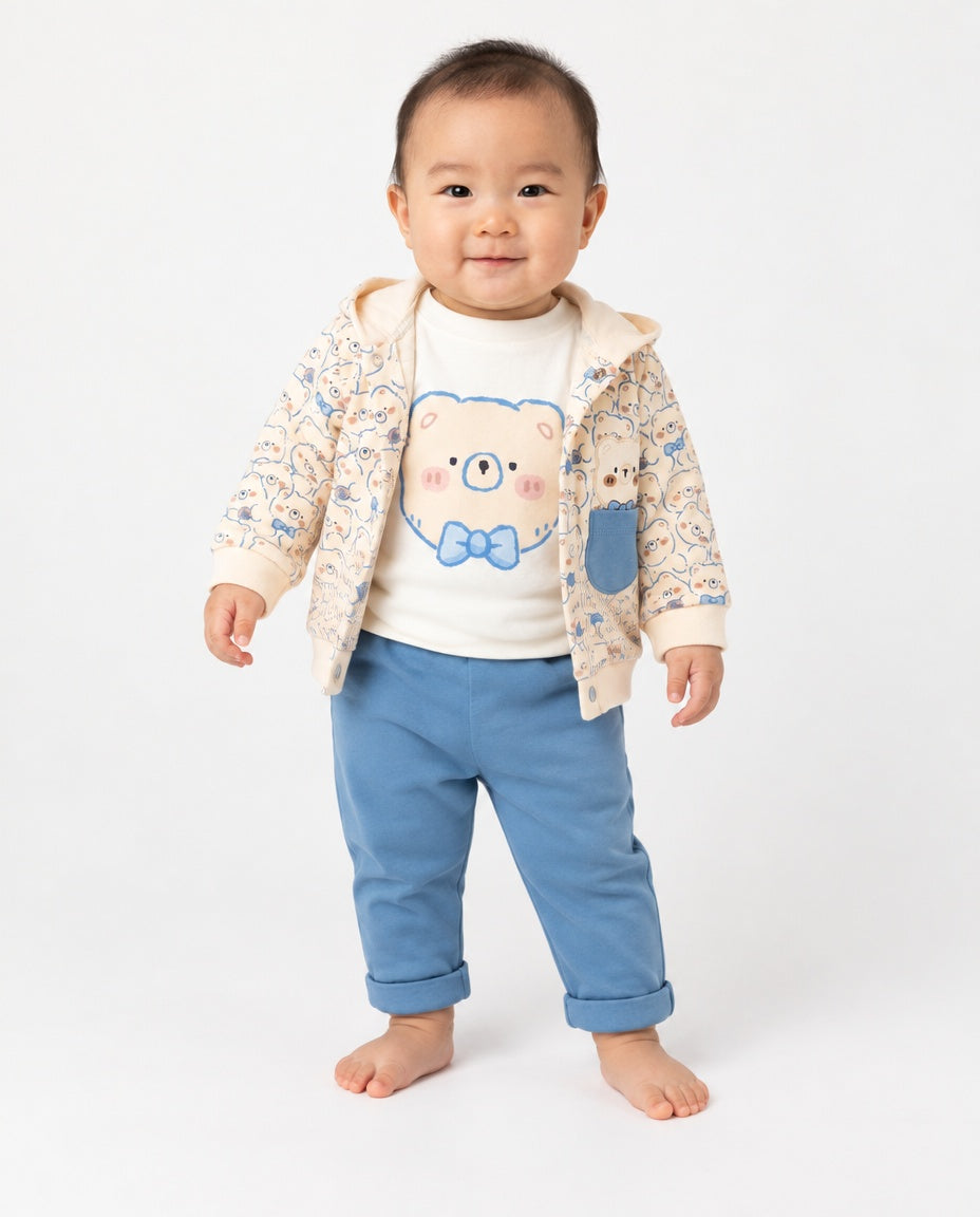 Boys blue teddy bear 3-piece jogger set with hooded jacket