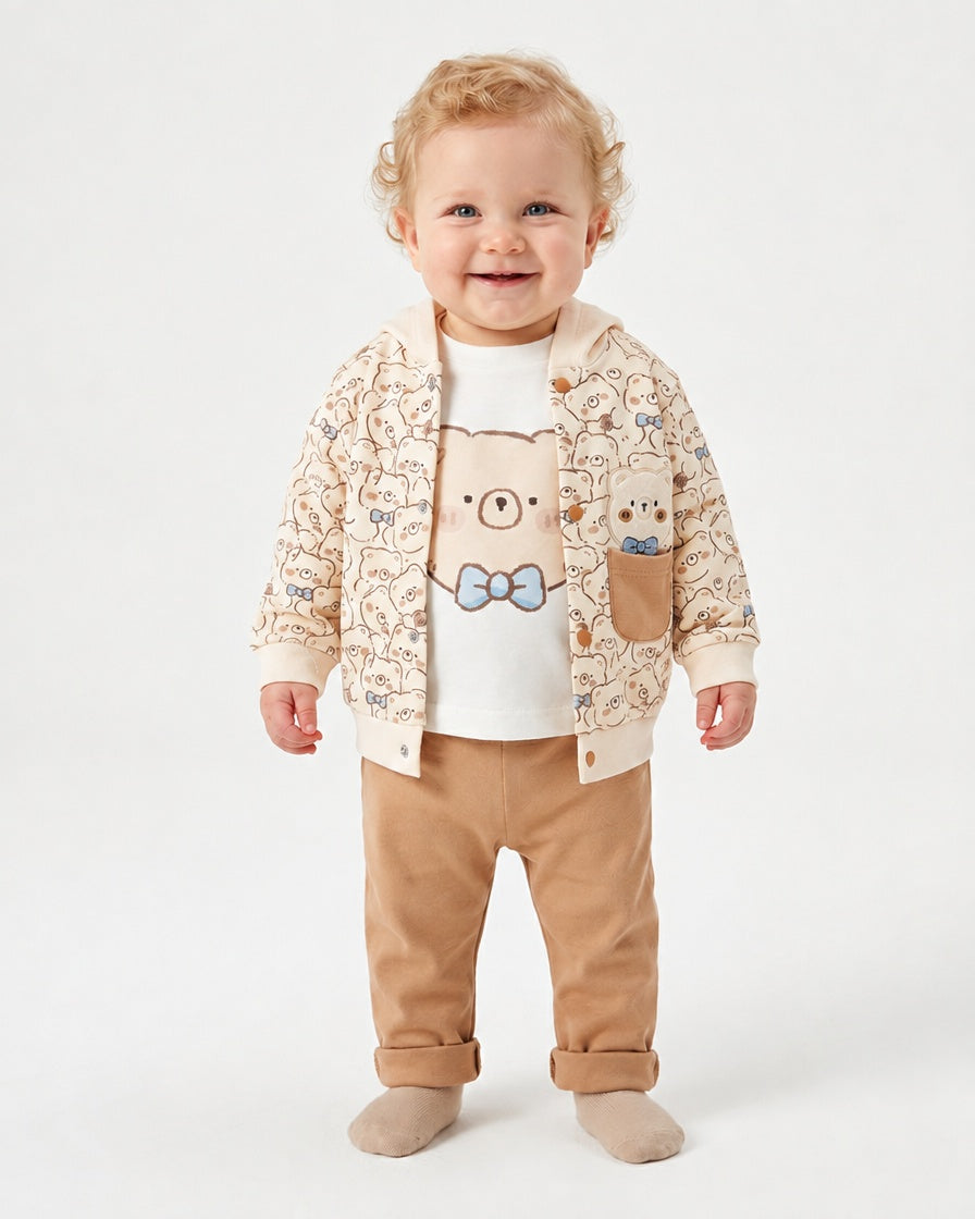 Boys camel teddy bear 3-piece jogger set with hooded jacket