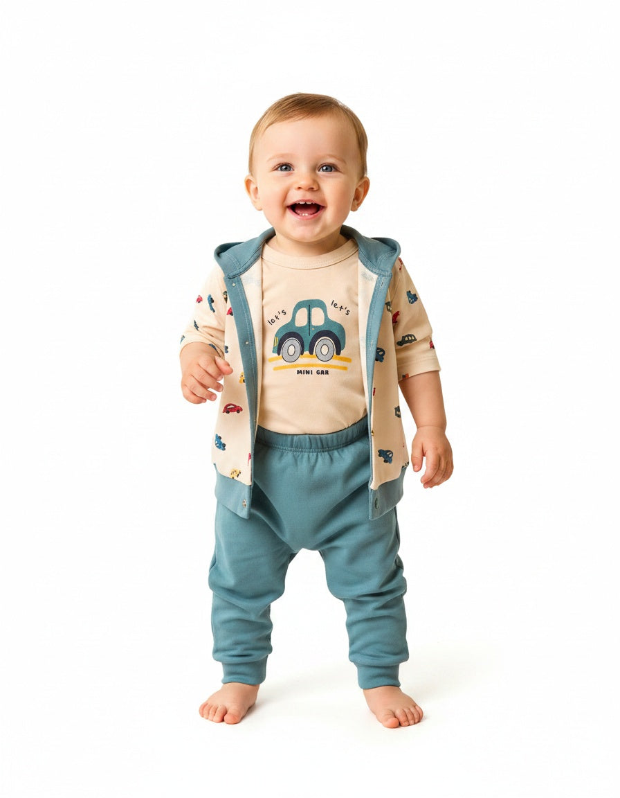 Boys green cars 3 piece outfit with hoodie and trousers