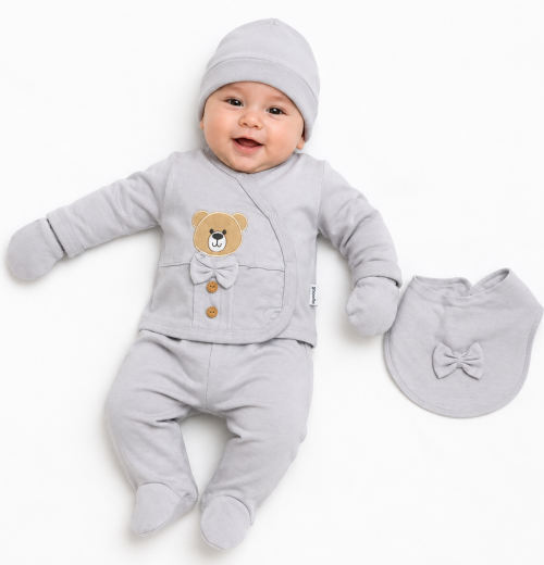 Baby boys dove grey 5 piece teddy set with hat mittens and bib