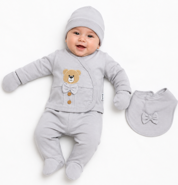 Baby boys dove grey 5 piece teddy set with hat mittens and bib