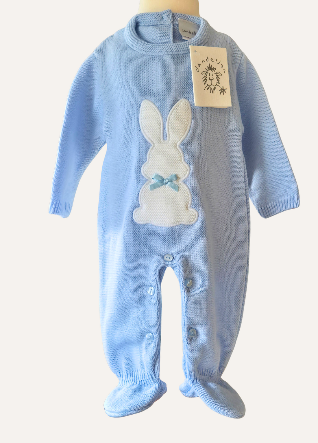 Baby blue knitted onesie from Dandelion with white rabbit detail