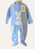 Baby blue knitted onesie from Dandelion with white rabbit detail
