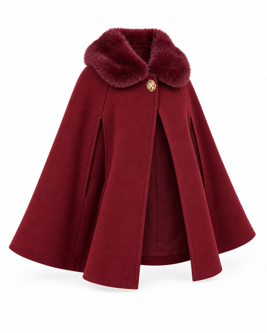 Girls’ burgundy cape with gold button fastening
