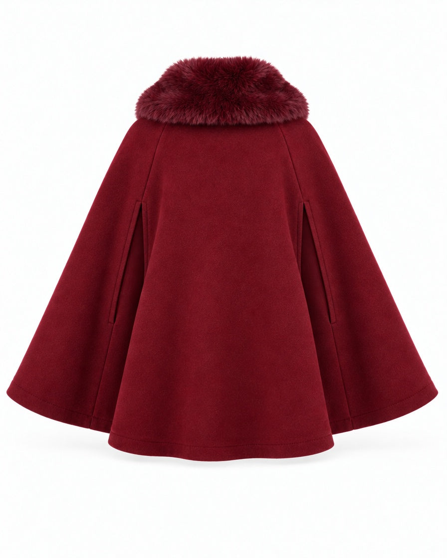 Girls’ burgundy Christmas cape with faux fur collar