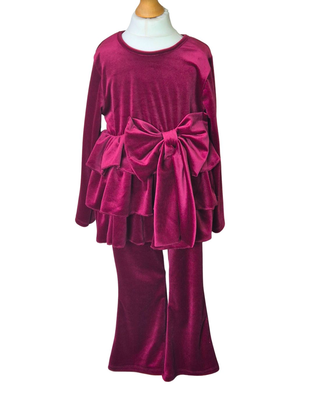 Girls’ rich burgundy velour tiered top and leggings set