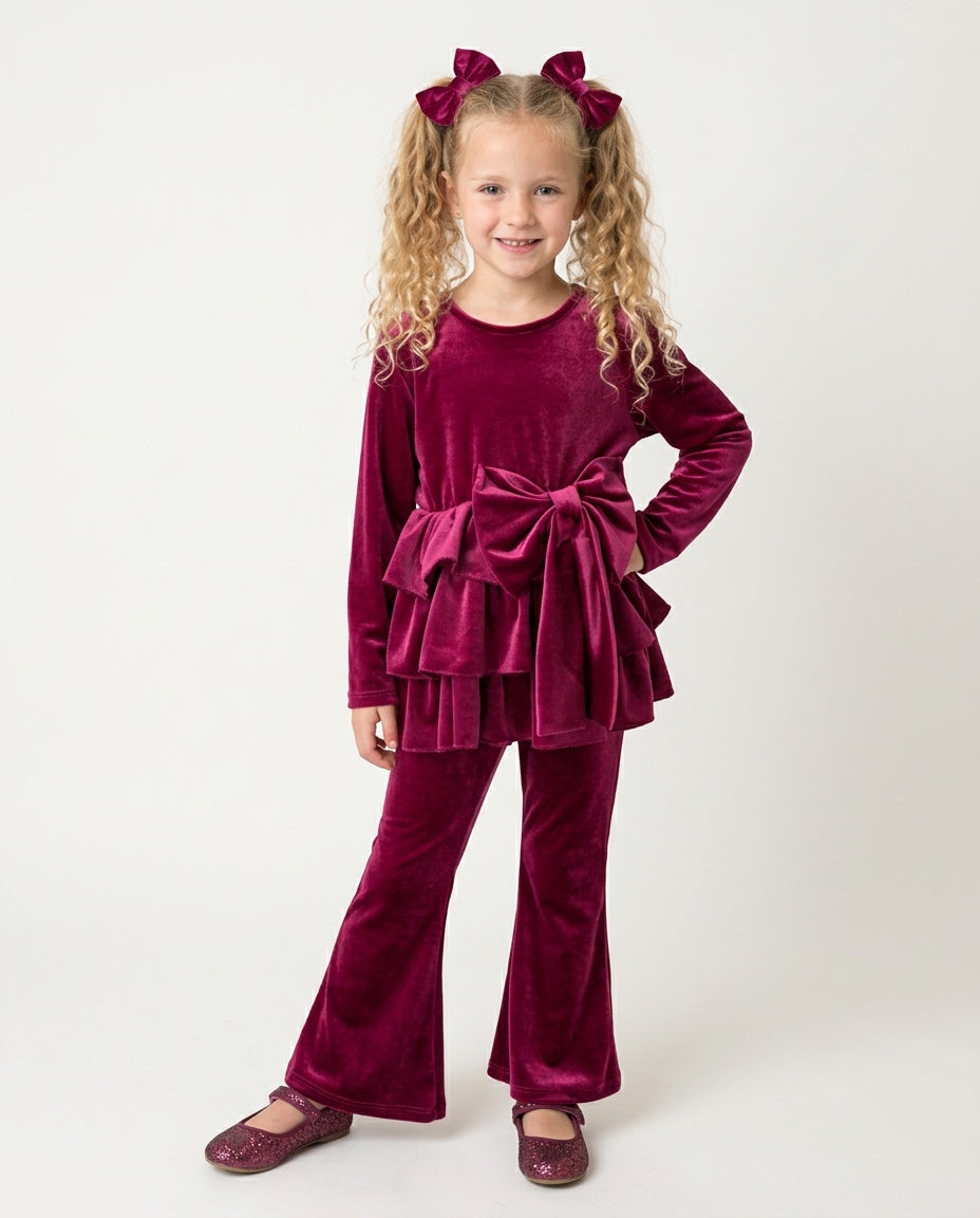 Girls’ rich burgundy velour tiered top and leggings set