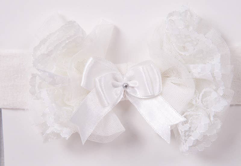 White lace headband with a bow on a light gray background