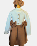 Girls camel bow dress with ivory long sleeve top