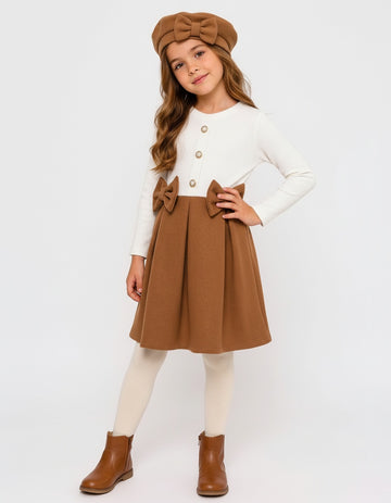 Girls camel dress with double bows and matching hat