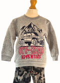 Gray sweatshirt with off-road adventure graphic on a mannequin against a white background