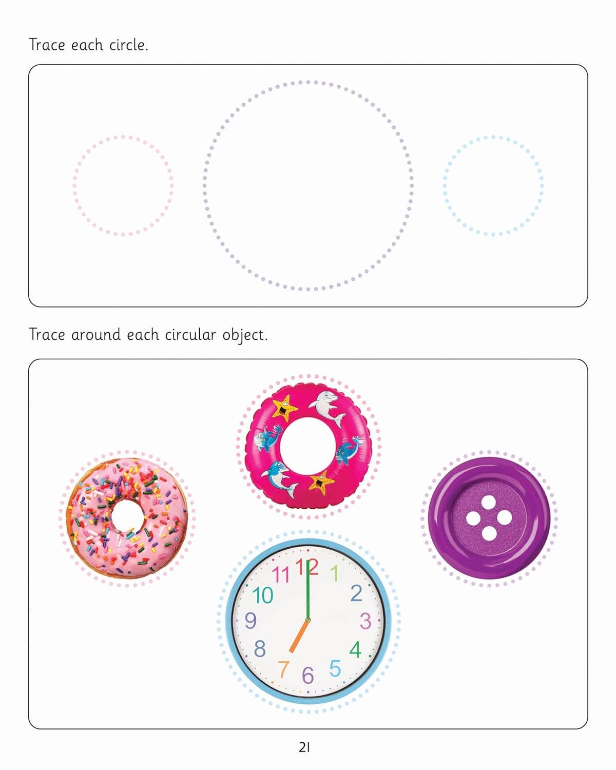Educational page with circles to trace and circular objects to trace around, including a clock, donut, and button.