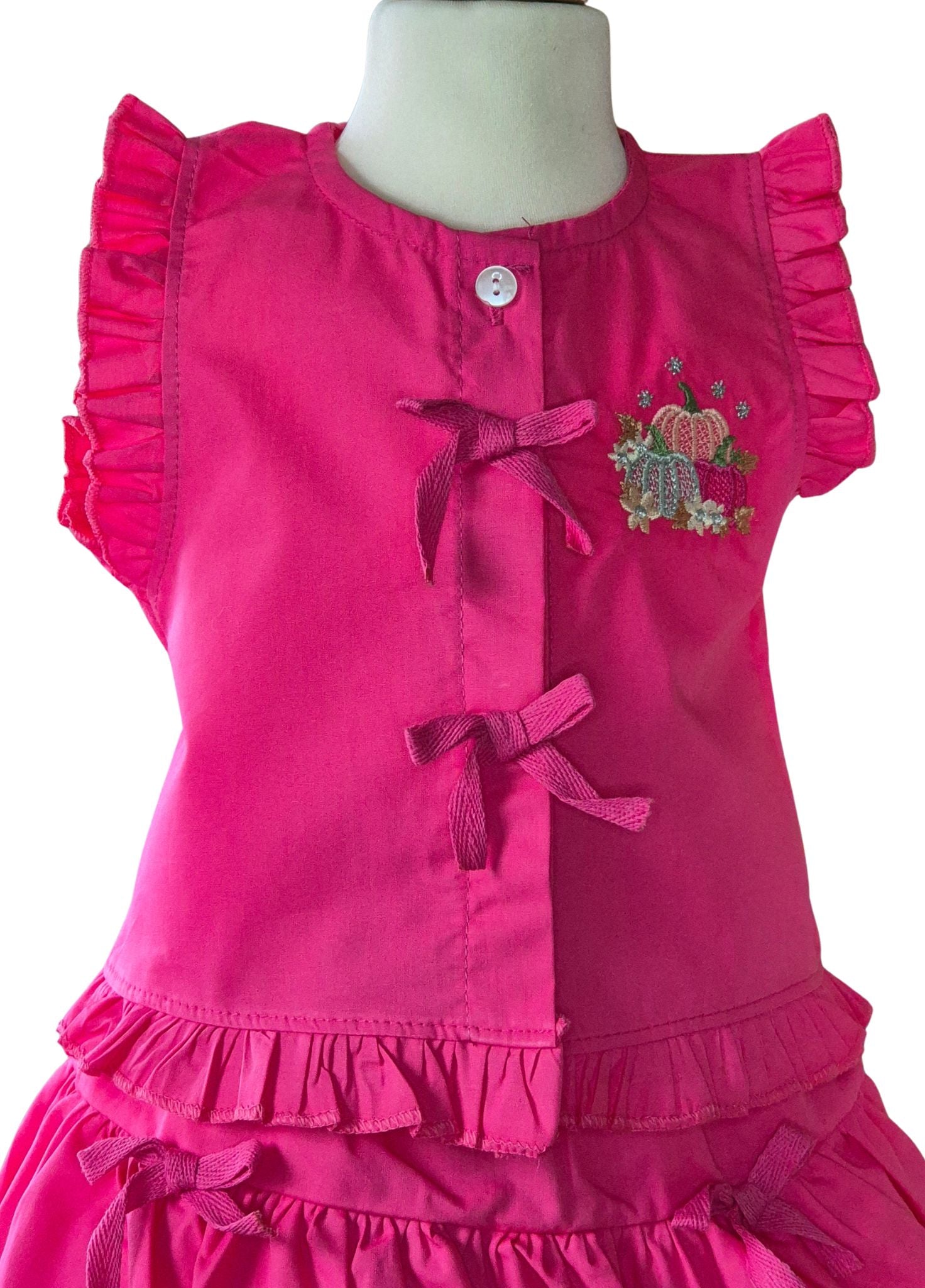 Pink top with ruffles and embroidery on a mannequin against a white background