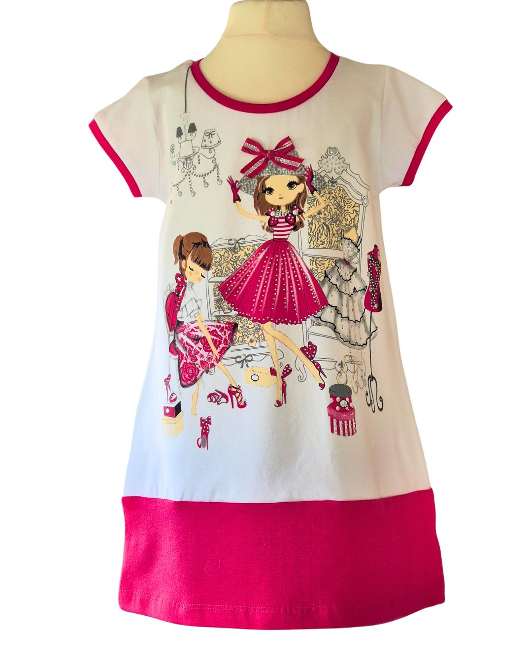 Girls summer dress white and cerise ages 3 to 6