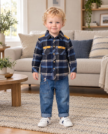 Boys’ jeans and blue mustard flannel shirt set by Watch Me Grow
