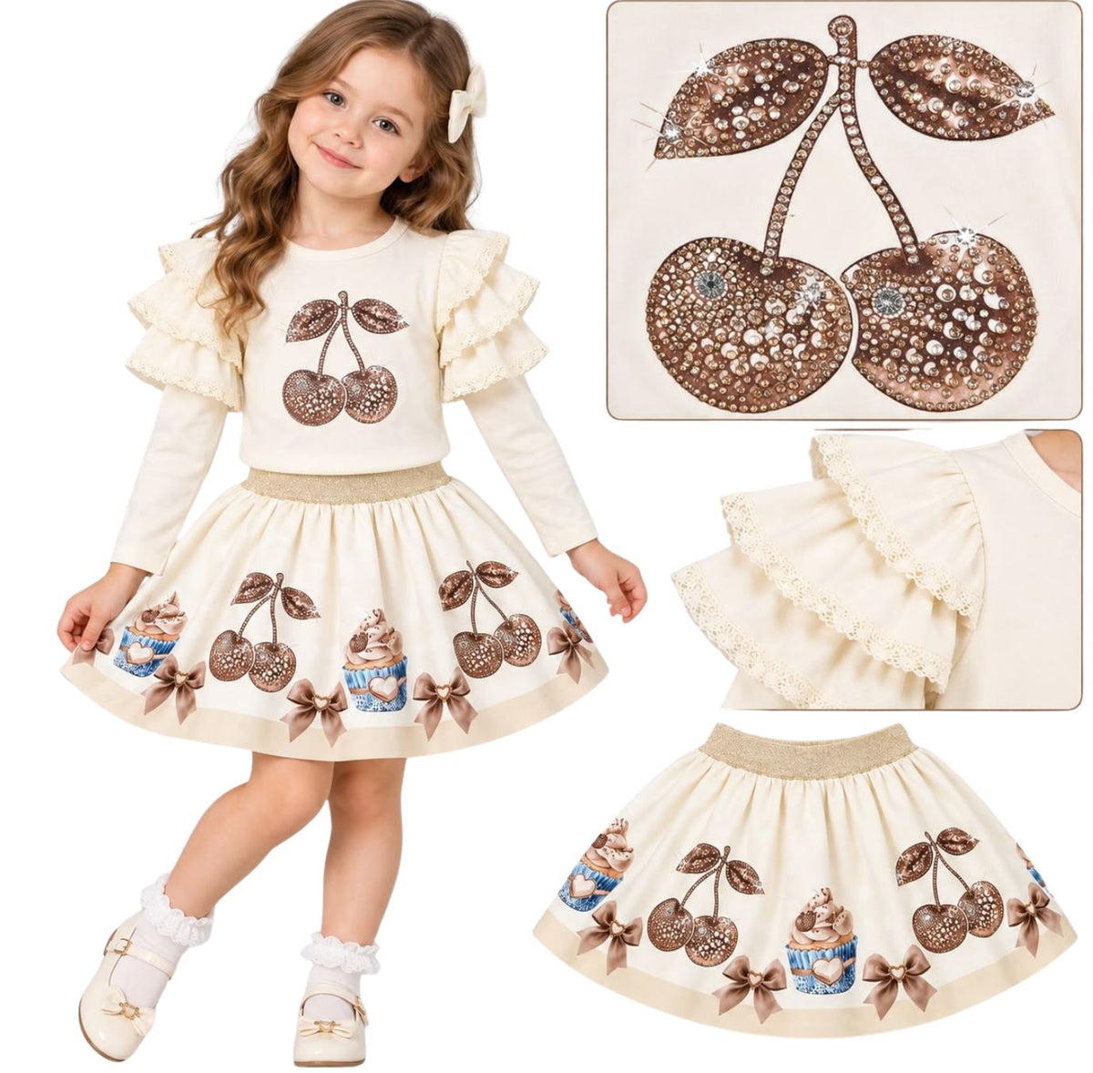 Giorgio Bambini girls cream sparkly cherry skirt and top set with lace frills and bows
