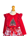 Girls’ Christmas tree top with matching red and white tartan skirt
