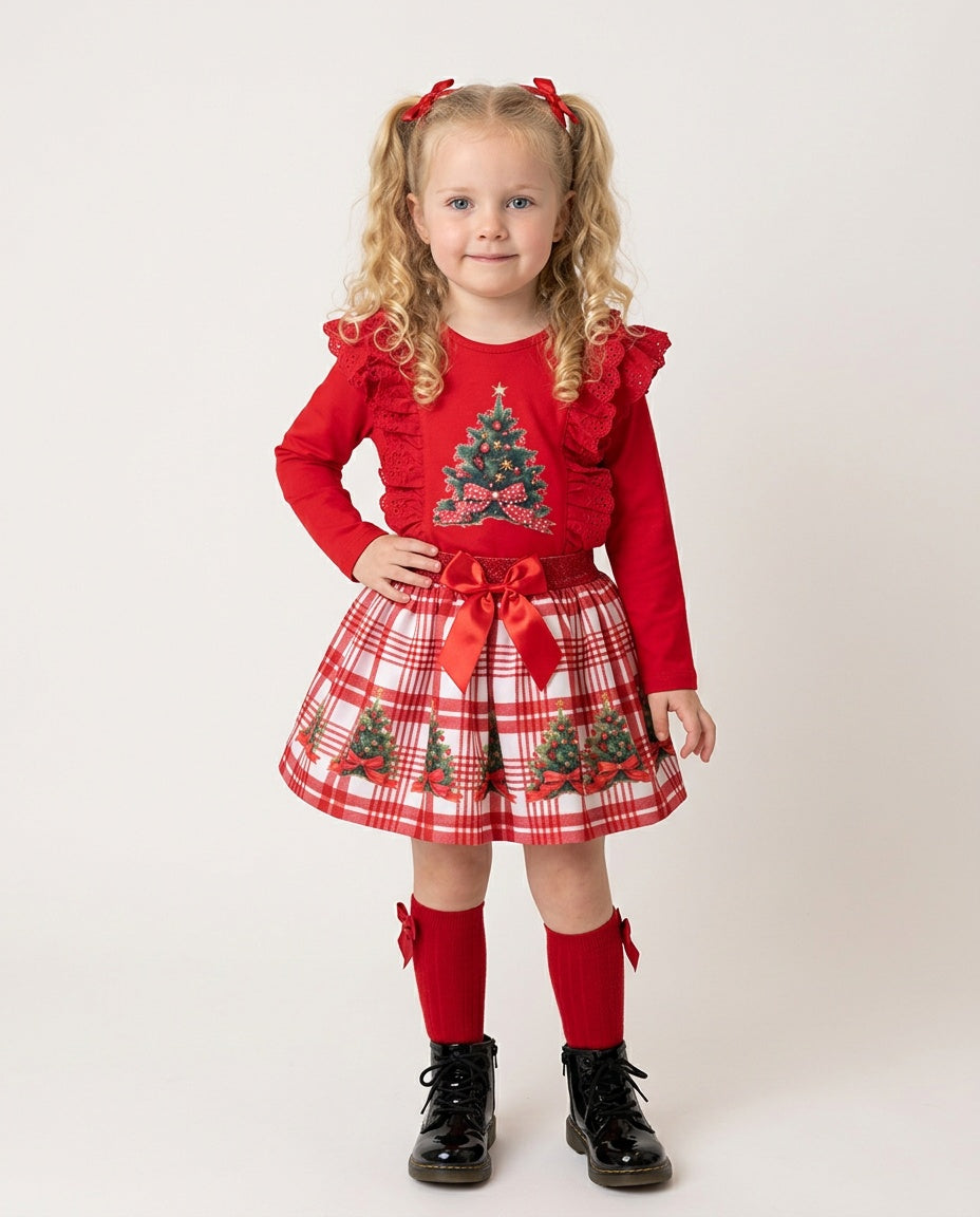 Girls’ red Christmas tree top and tartan skirt set by Neon Kids