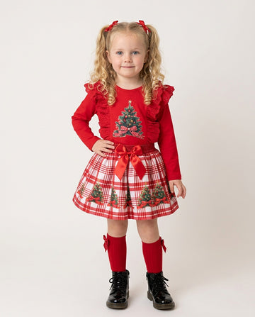 Girls’ red Christmas tree top and tartan skirt set by Neon Kids