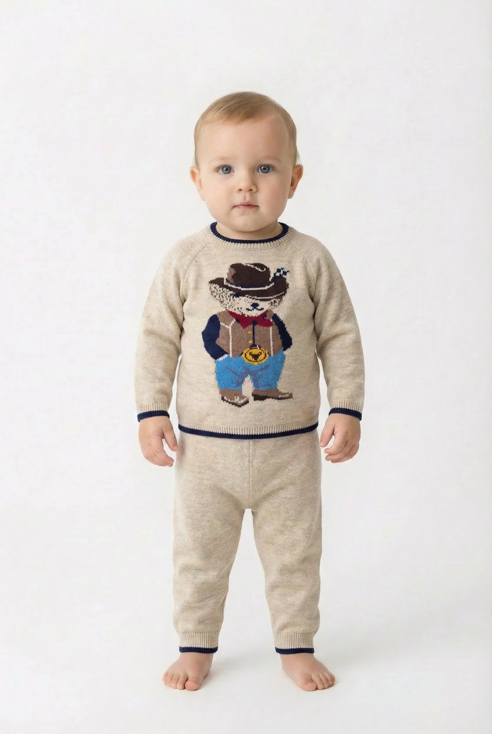 Baby wearing a sweater with a cowboy design on and a matching pair of trousers on a white background