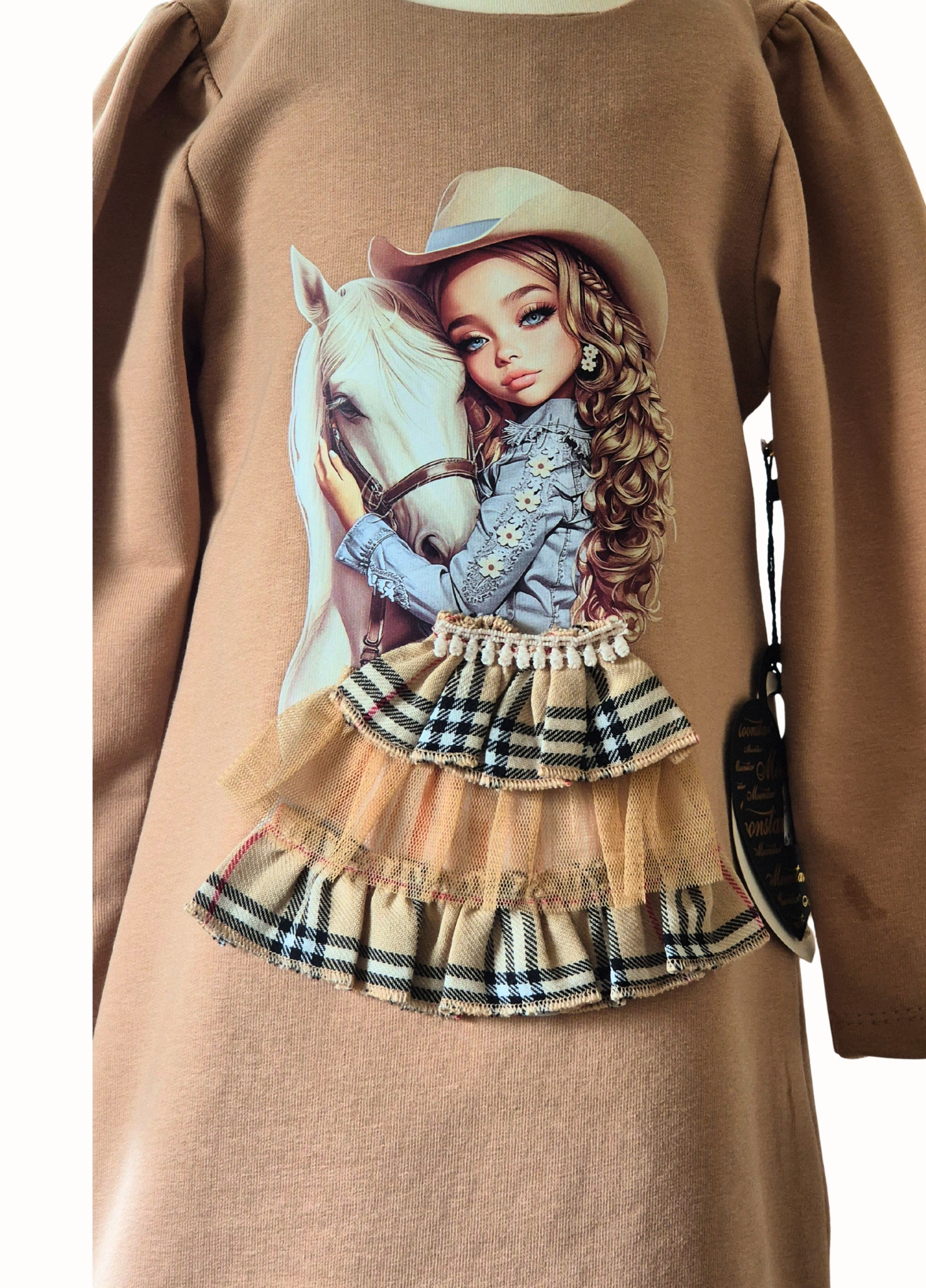 Soft camel dress with a graphic of a girl holding a horse on a white background