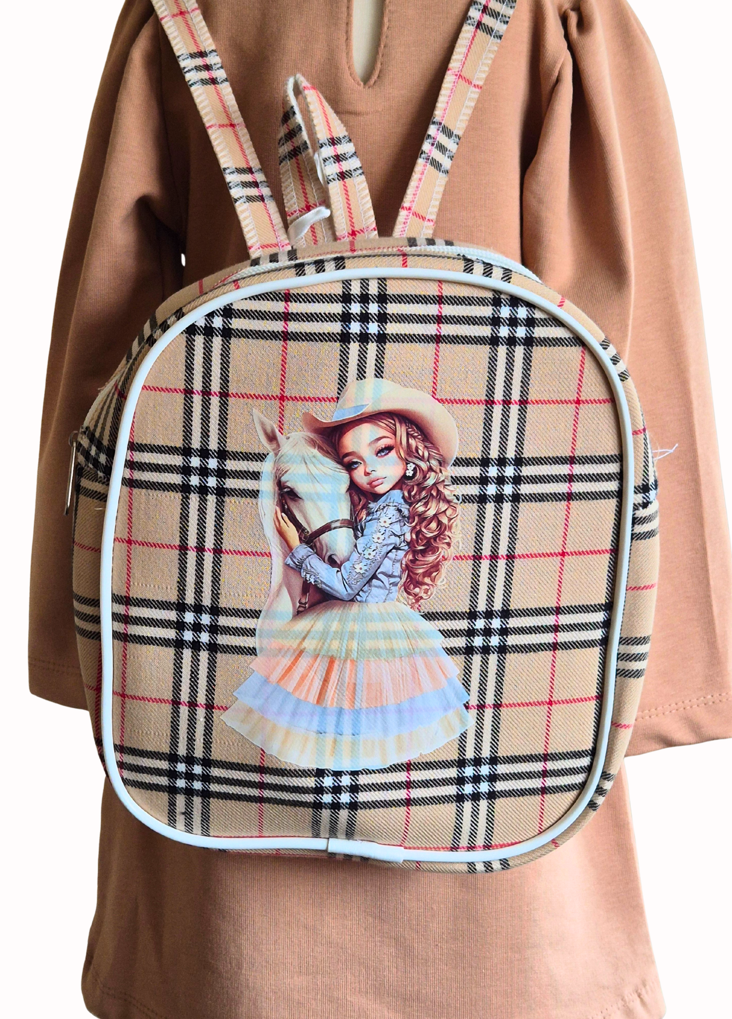 Plaid backpack with a design of a girl holding a horse on a plain background