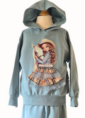 Light blue hoodie with a graphic of a girl holding a horse on a mannequin against a white background.