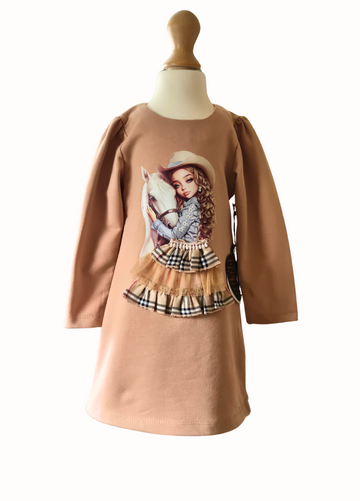 Camel dress with a graphic of a girl and horse on a mannequin against a white background