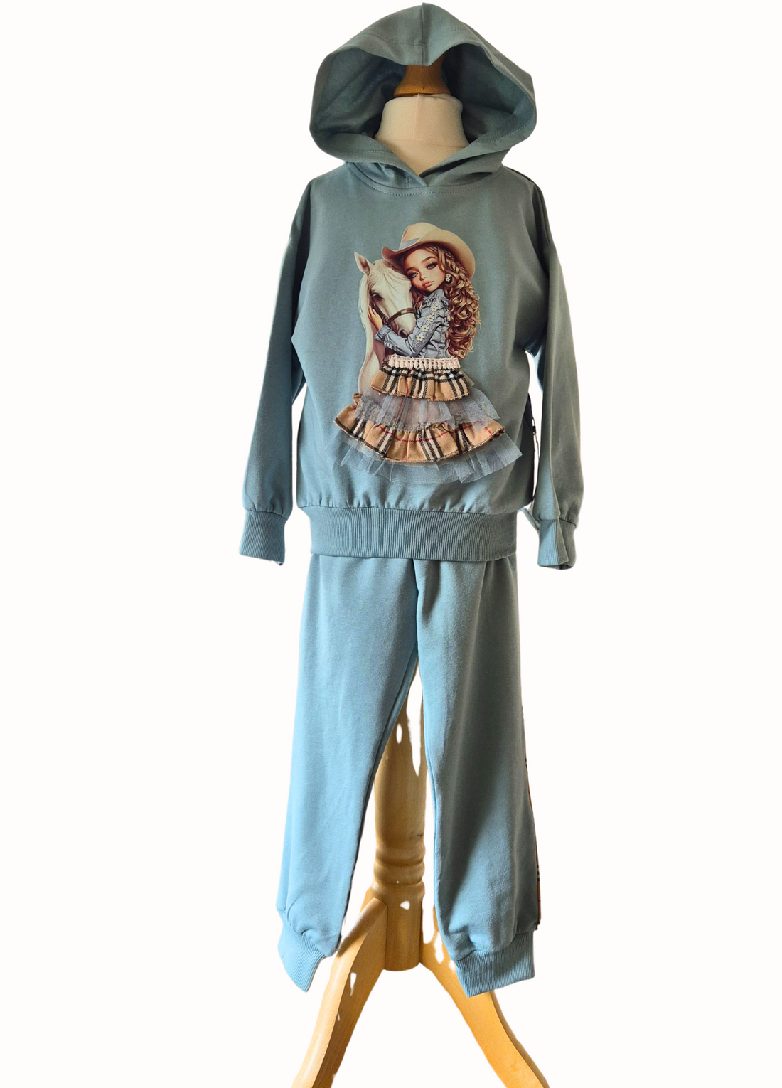 Light blue hoodie with a graphic of a girl holding a horse on a mannequin against a white background.
