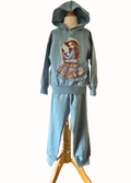 Children's hoodie and pants set with graphic design on a mannequin against a white background