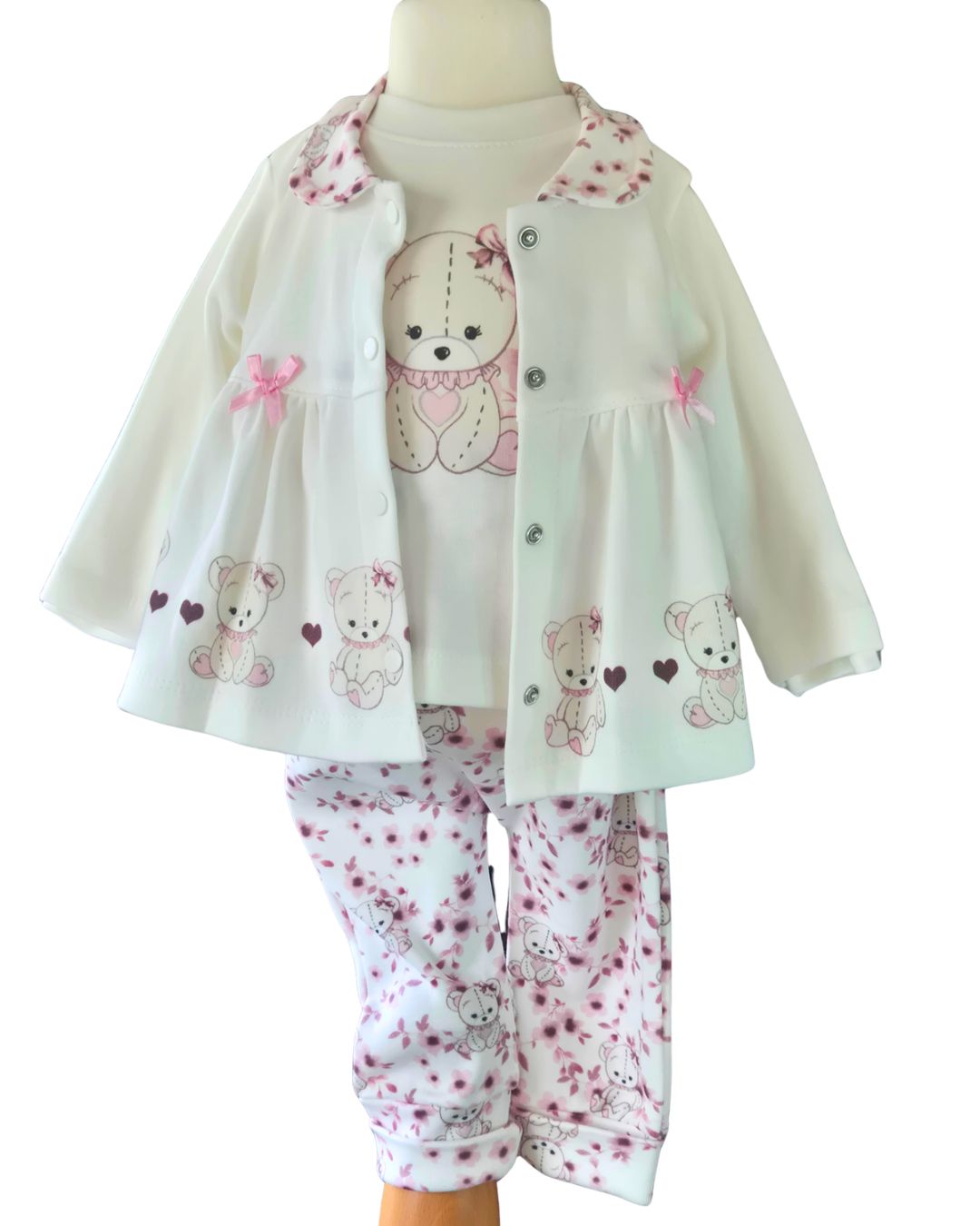 Cream & Berry Teddy 3-Piece Baby Set | Girls' Outfit