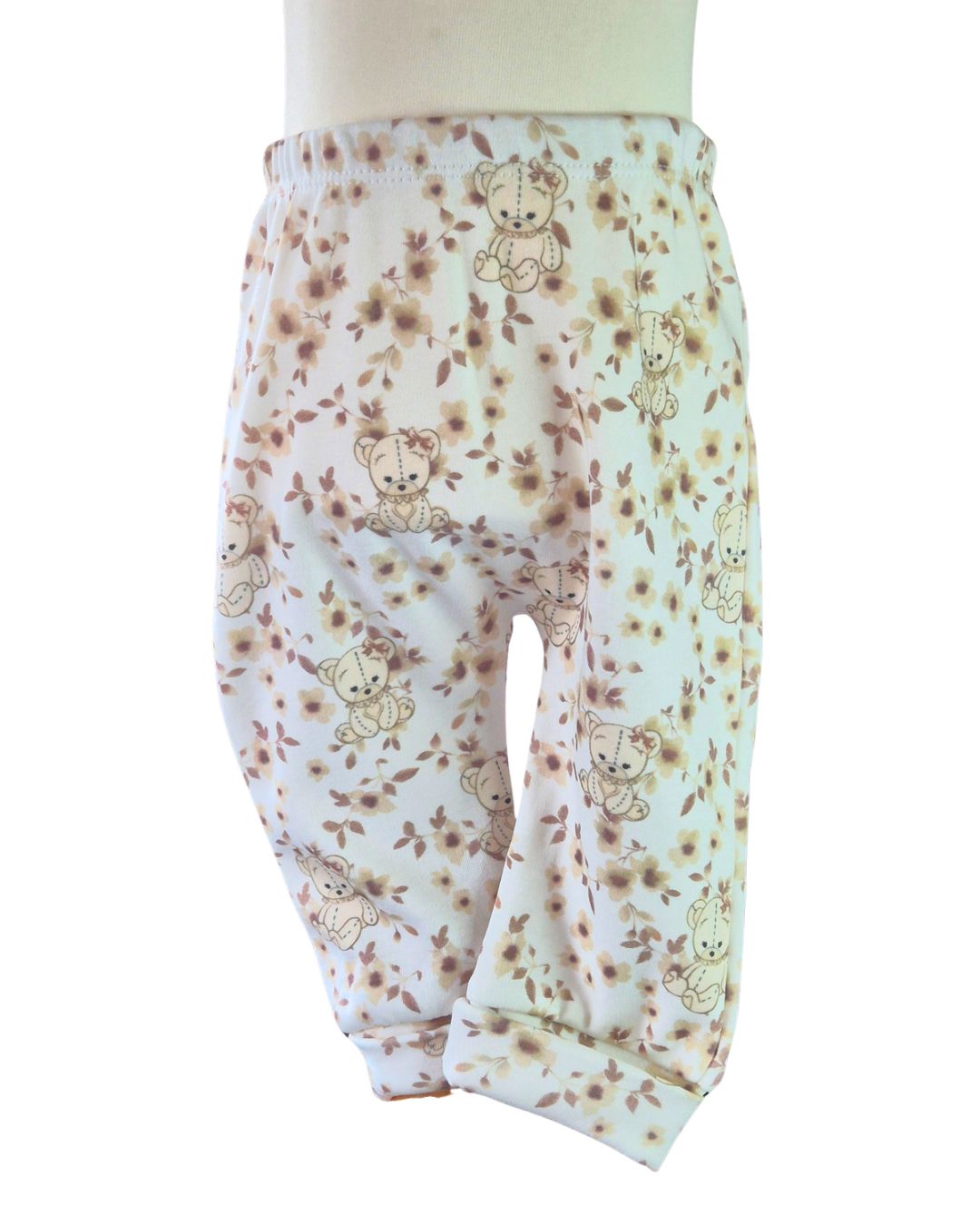 Baby girls floral teddy bear trousers with faux turn ups