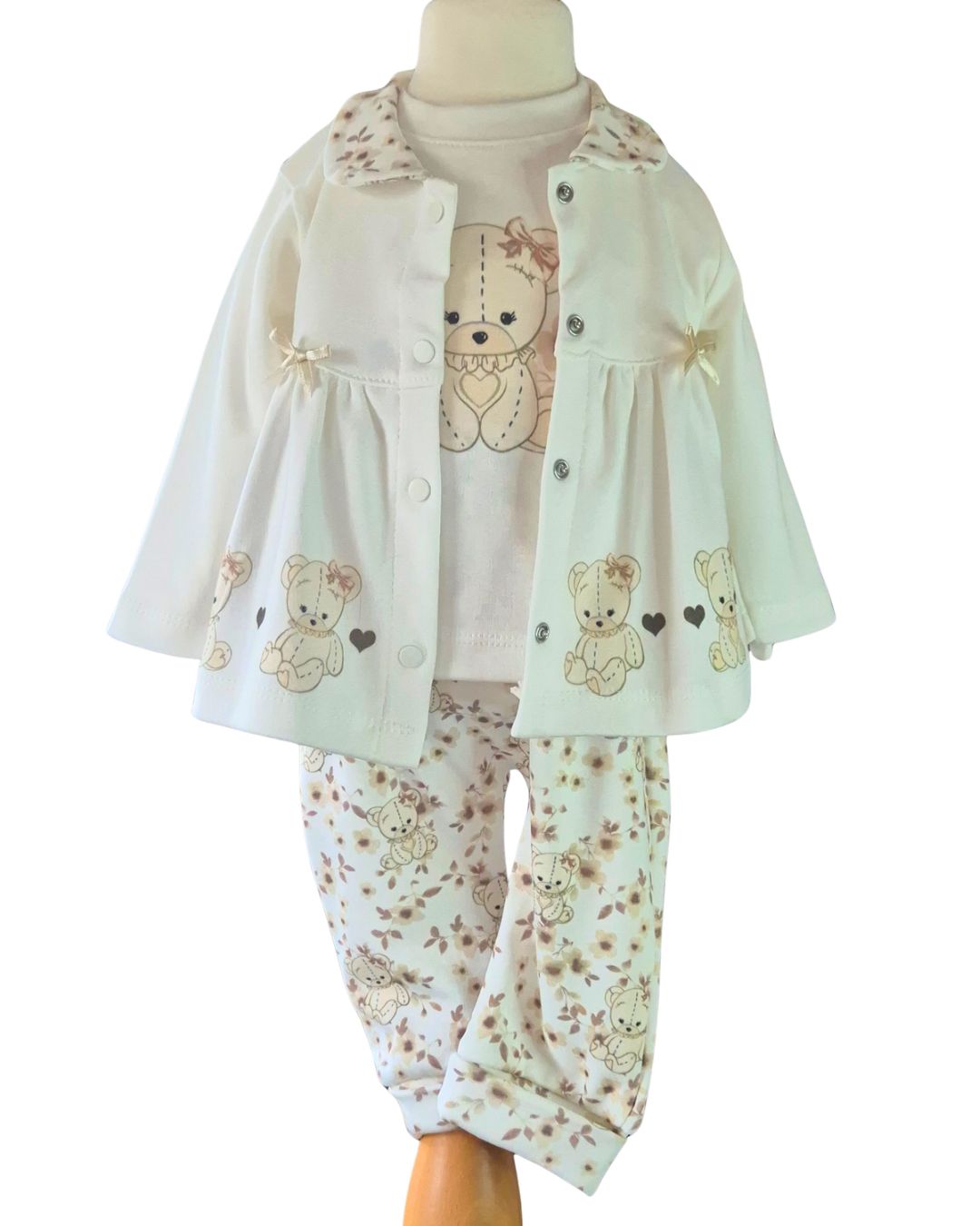 Cream and mocha teddy bear 3-piece baby set with swing jacket