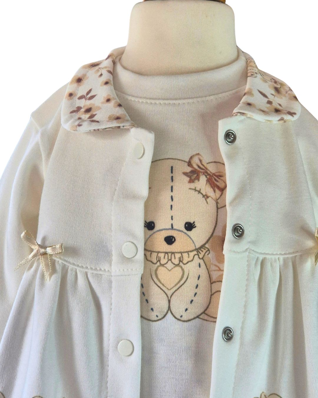 Baby girls cream teddy outfit with Peter Pan collar