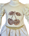 Girls cream cherry party outfit with sparkle details