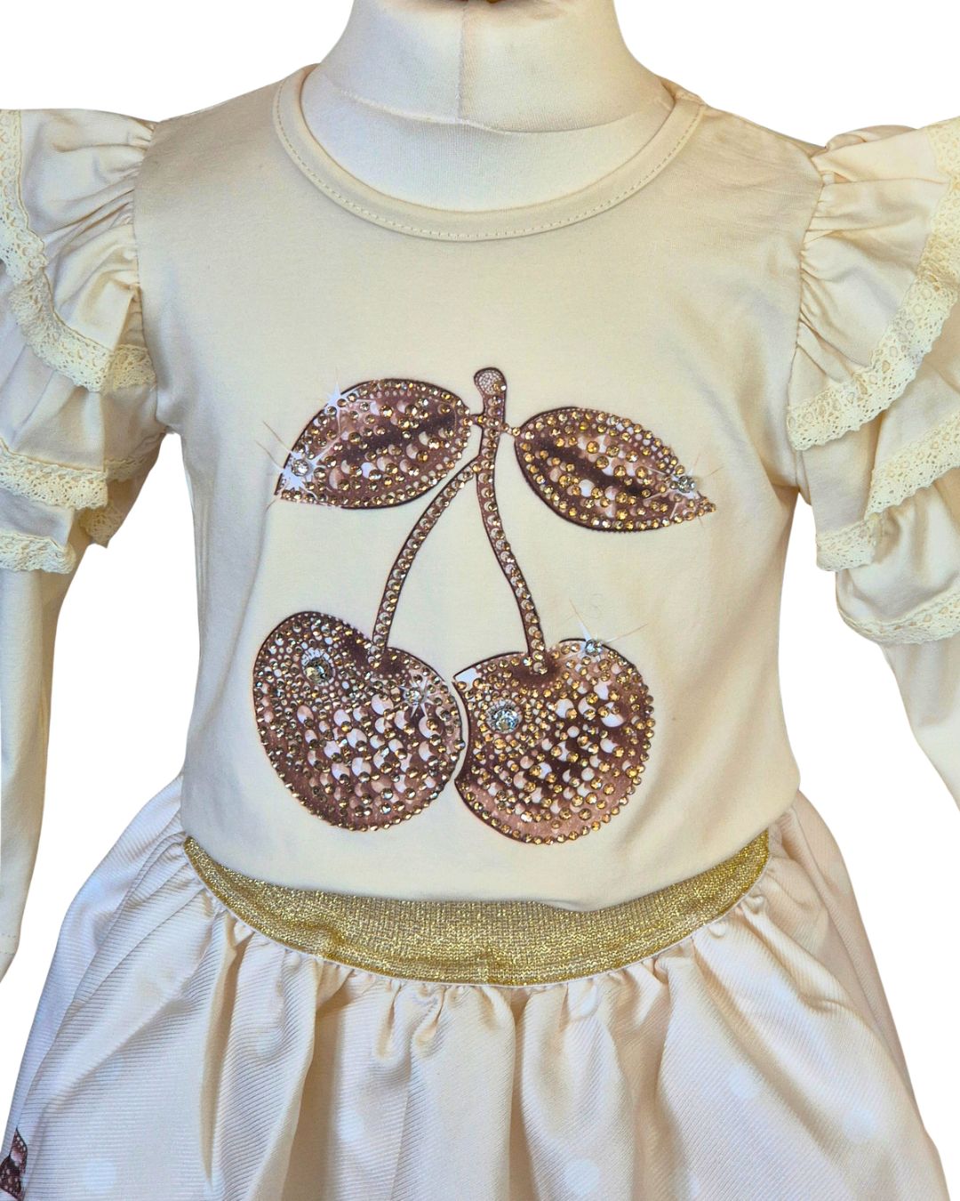 Girls cream cherry party outfit with sparkle details