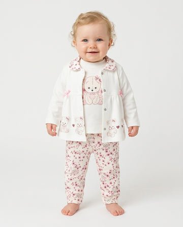 Cream & Berry Teddy 3-Piece Baby Set | Girls' Outfit