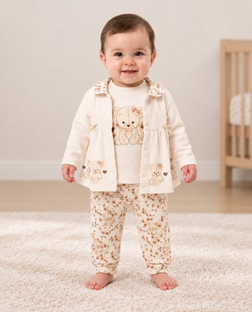 Cream and mocha teddy bear 3-piece baby set with swing jacket