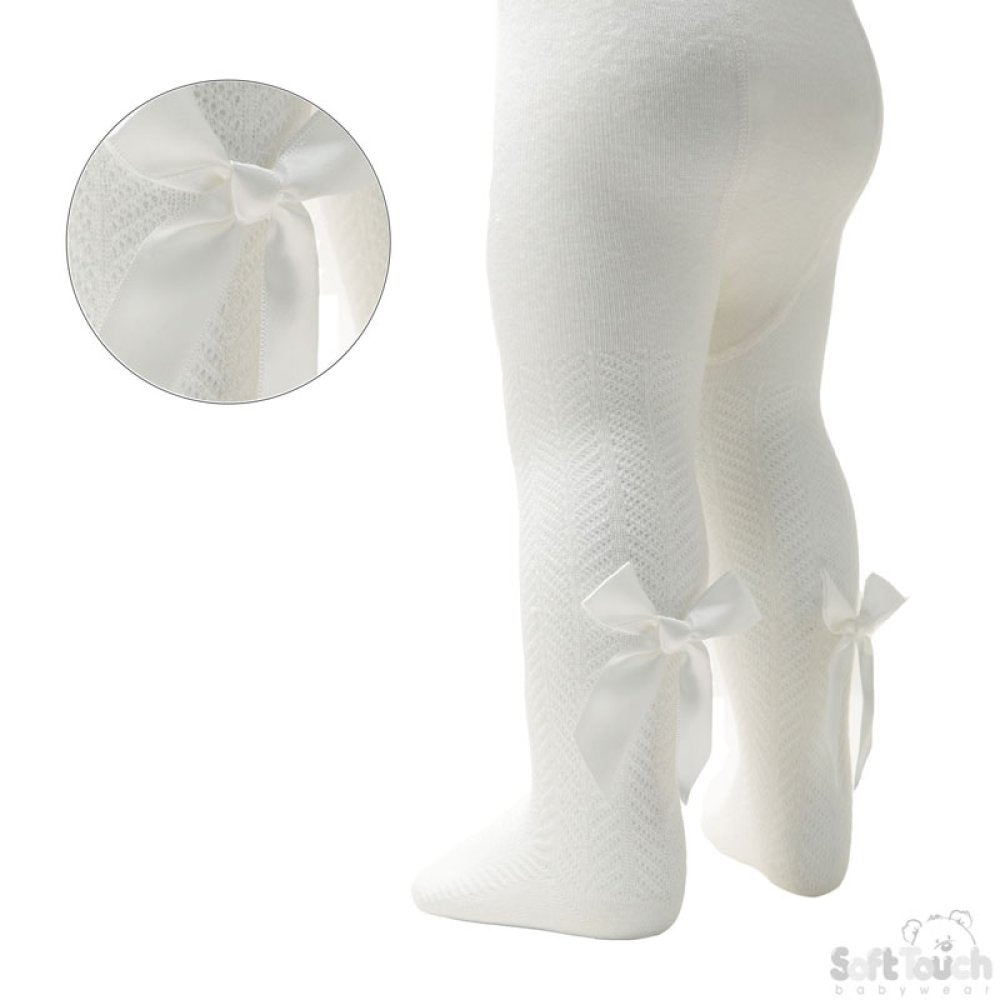 Cream chevron design tights with bow details on a white background