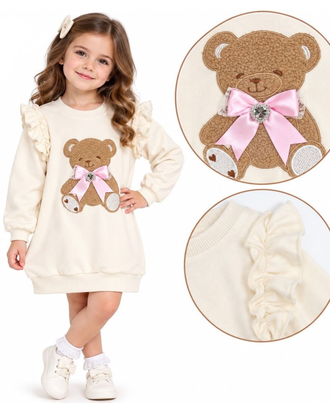 Giorgio Bambini girls cream teddy jumper dress with pink satin bow and crystal heart