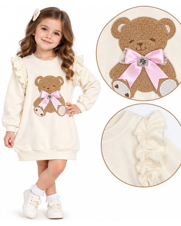 Giorgio Bambini girls cream teddy jumper dress with pink satin bow and crystal heart