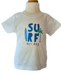 White t-shirt with 'SU AIRF all day' text and graphics on a mannequin against a white background