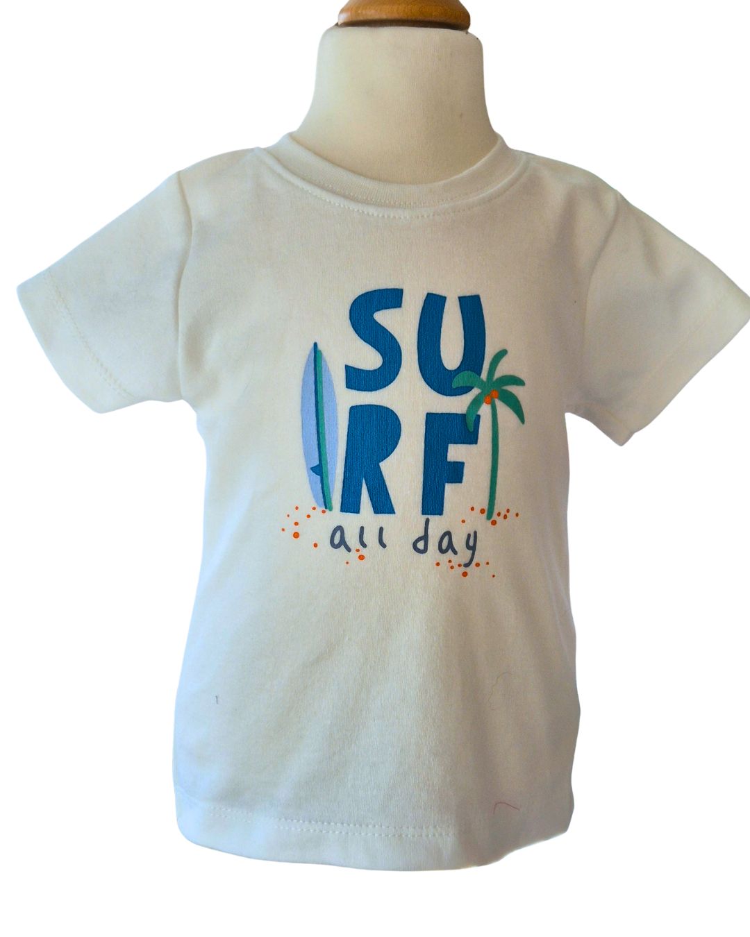 White t-shirt with 'SU AIRF all day' text and graphics on a mannequin against a white background