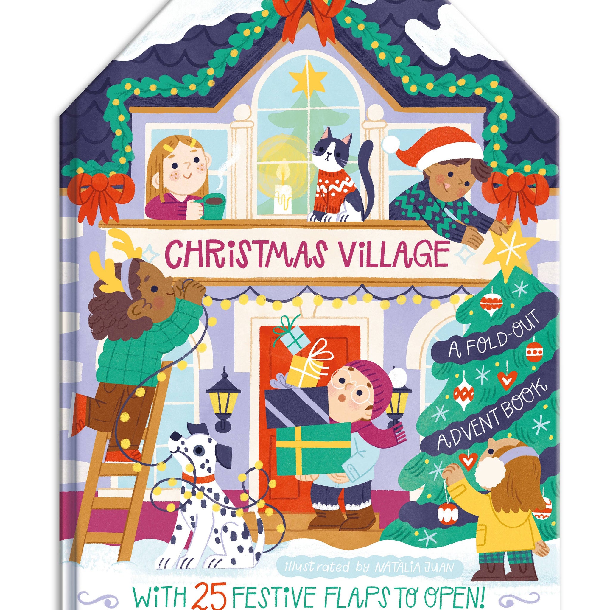 Children's book titled 'Christmas Village' with festive illustrations on a white background
